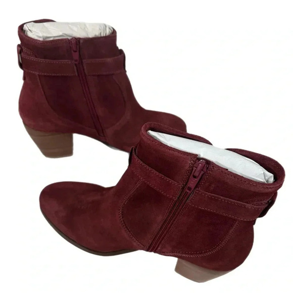 New Stitch Fix Sleek Bootie Burgundy Suede Leather Gold Buckle Heeled Boots - Picture 5 of 9
